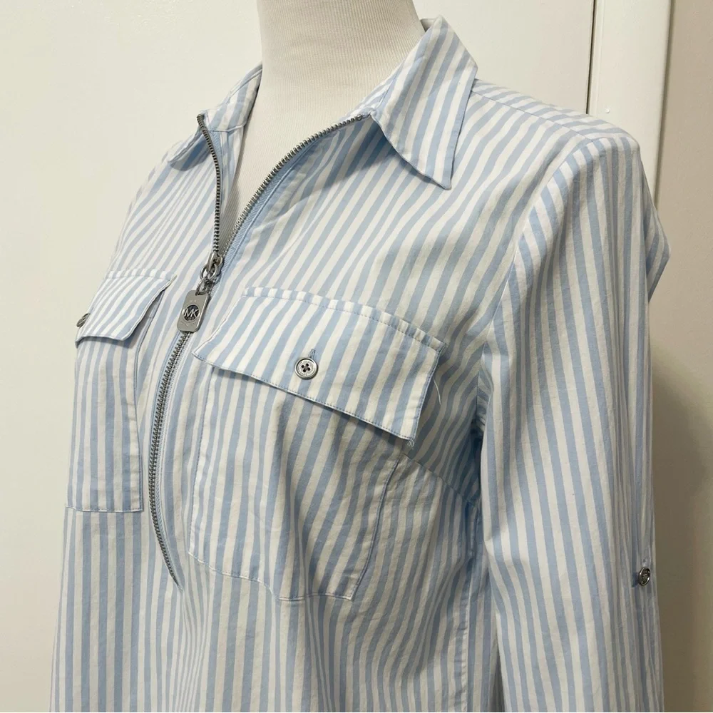 Michael Kors Light Blue and White Striped Half Zip-Up Tunic Blouse Size M